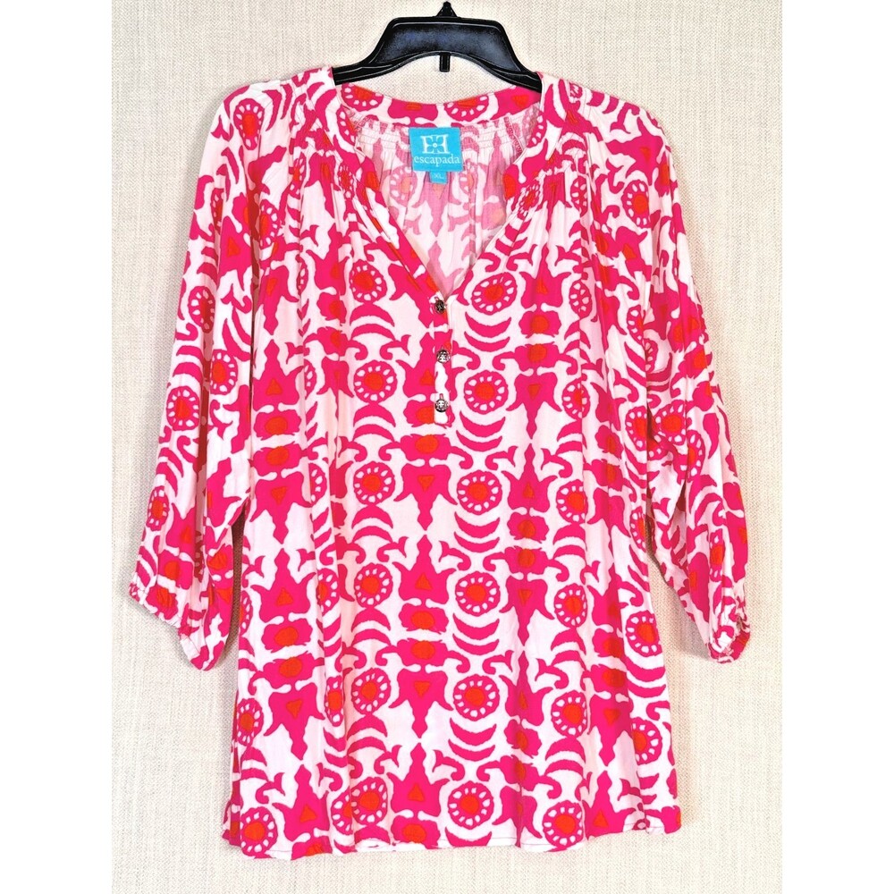 Escapada Top Women XL Pink Orange Geometric Pop Over V-Neck Tunic Lightweight